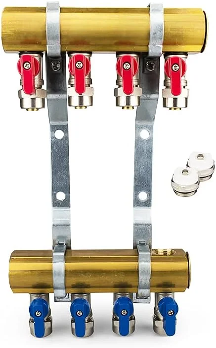 Messing Heizkreisverteiler 4 Heizkreise Set mit 8 x PEX Kugelhahn mit Klemmring 16mm x 1, 2" AG & 2 x Entlüfter & 2 x Blindstopfen 1 Zoll, Systemverteiler Zentralheizung 2-12 Fach Verteiler Heizung — Heizung Warmepumpe