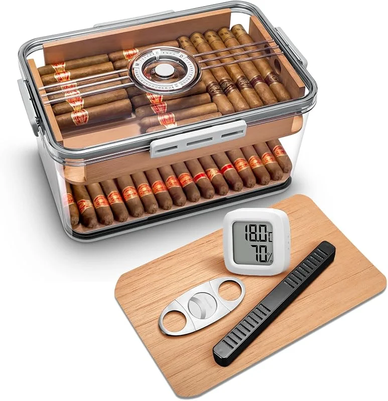 Humidor mit Luftbefeuchter und Hygrometer, Zedernholz, Zigarrenschneider, Luftdichte Aufbewahrungsbox für Zuhause, Büro, Transparentes Design (groß)