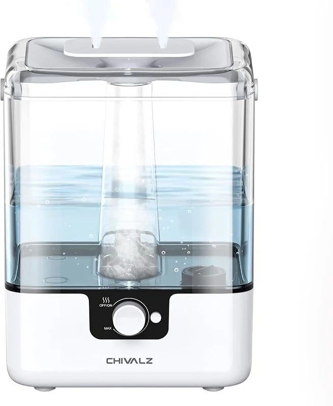 CHIVALZ Top Fill Luftbefeuchter für Große Räume, 6L mit Nachtlicht, 360°Drehbare Düse Humidifier, 26dB, 50H Aroma Diffuser für Schlafzimmer Kinderzimmer Pflanzen Baby, Weiß, +2 Mist Outlets