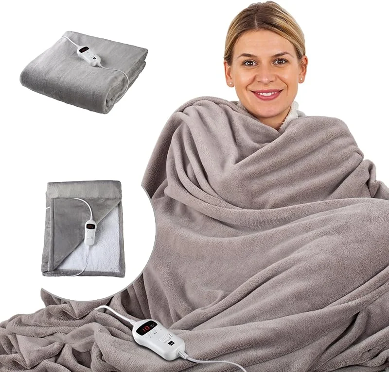 SENSIOHOME Elektrische Luxus-Heizdecke Grau, Flanell-Fleece mit Teddy-Effekt-Innenseite, maschinenwaschbar, digitale Fernbedienung mit 10 Wärmestufen und Timer — Heizung Warmepumpe