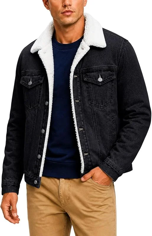 Jeansjacke Herren Sherpa Jacke mit Teddyfutter Warm Winterjacke — Heizkleidung