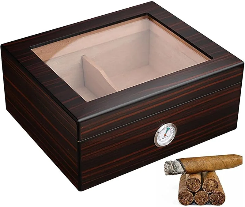 Zigarren-Humidor aus Zedernholz, große Kapazität, transparent, 260 x 220 x 111 mm, Hygrometer + Luftbefeuchter + Glasplatte für Männer und Frauen, für 50 Zigarren, Ebenholz