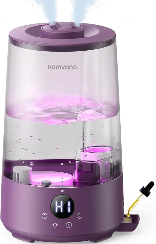 Homvana Luftbefeuchter Schlafzimmer Top-Fill, 3.6L 360°Cool Mist 34H Dauerhaft, Ruhig 16dB (SilentSpary Tech) Klein, Kinderzimmer Baby, BPA Free, Aromadiffusor für Pflanzen 7-Color Night Light (Lila)