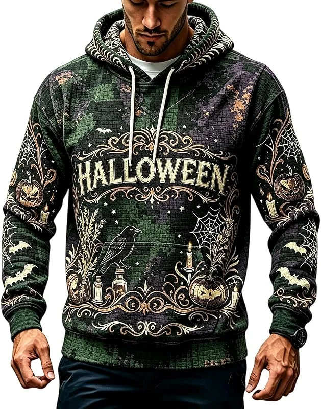 Generisch Herren Halloween Mystisch Kapuzenpullover Fledermaus Print Hoodie Kängurutasche Kordelzug Gruselig Party Sweatshirt Kapuze. — Heizkleidung