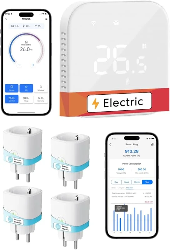 Meross Smart Elektrischer Fußbodenheizungsthermostat + Smart WiFi-Steckdose 4er-Pack, Kompatibel mit Alexa und Google Home, Unterstützt Sprachsteuerung, Fernbedienung und Zeitplanung — Heizung Warmepumpe