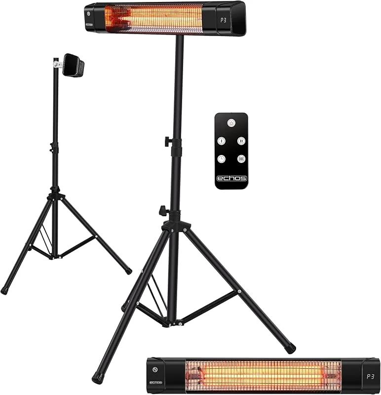 Echos® Karbon Infrarot Heizstrahler 1500W langlebiges Carbon-Heizelement – Terrassenheizer elektrisch für Balkon, Wintergarten & Innenbereich, Standfuß oder Wandmontage, 3 Stufen, Timer, Fernbedienung — Heizung Warmepumpe