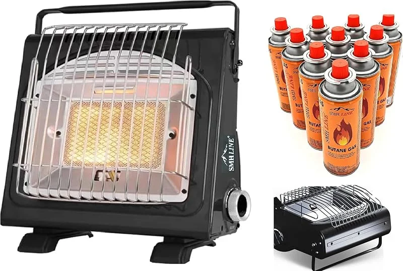 SMH LINE® 2in1 Tragbare Gasheizung Gaskocher + 4 Gaskartuschen 227g Camping Gasstrahler Heizung Outdoor Zelten Wohnwagen 1.7 KW Brenner Kocher + Butan Gas Gaskartuschen Keramik Heizstrahler — Heizung Warmepumpe