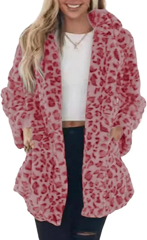 Generisch Leopard Teddyjacke Damen Lang Damen-Jacken Revers Winterjacke Warm Gefüttert Wintermantel Teddyfleece Jacke Oversize Übergangsjacke Elegant Leo Print Fleecejacke Dicke Frauen Mantel — Heizkleidung