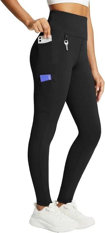 baleaf Damen Fleece gefütterte Leggings Wasserabweisend Hohe Taille Wanderleggings Thermo Leggings Fahrradhose Laufhose mit Reißverschlusstaschen — Heizkleidung