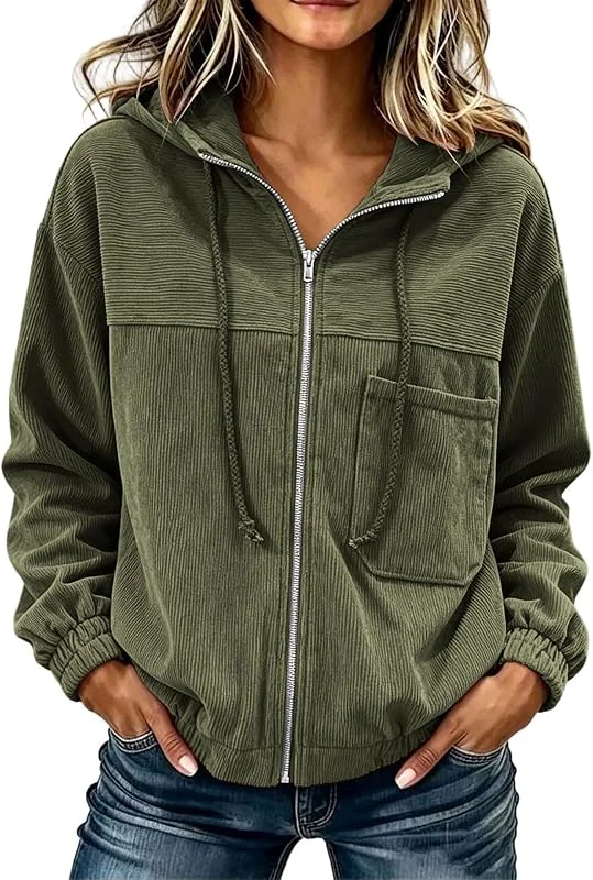 Corduroy Jacke Damen Winter Kapuzenpullover Zip Up Warme Langarm Übergroße Cord Jacket Fleecejacke Verdickte Reißverschluss Oversize Kapuze Mantel Damen mit Taschen für Sport Fitness Radfahren Laufen — Heizkleidung