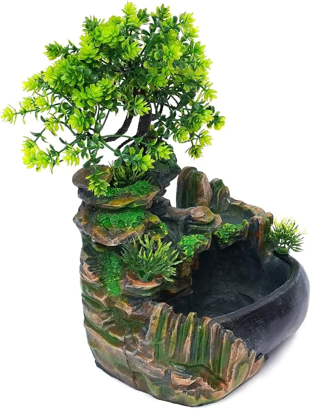 Zimmerbrunnen Wohnzimmer Wasserfall Tischbrunnen LED Desktop Bonsai Ornamente Grüne Pflanze Stream Zen Meditation Indoor für Home Office Schlafzimmer Schreibtisch Dekoration — Luftbefeuchter
