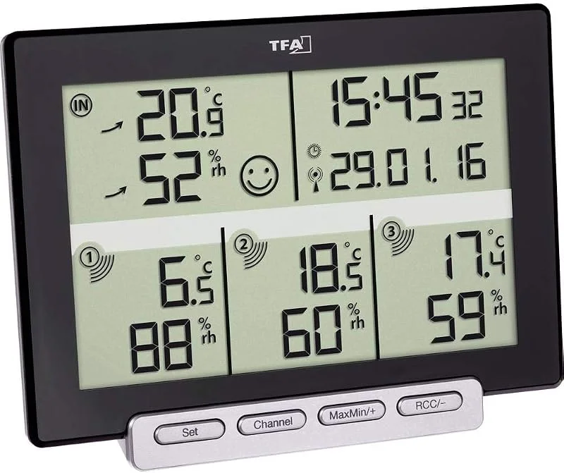 TFA Dostmann Multi-Sens Funk-Thermo-Hygrometer, mit 3 Sendern, zur Kontrolle von Raum- und Außenklima, Tendenzanzeigen, Höchst- und Tiefstwerte, L 157 x B 42 x H 120 mm — Luftbefeuchter