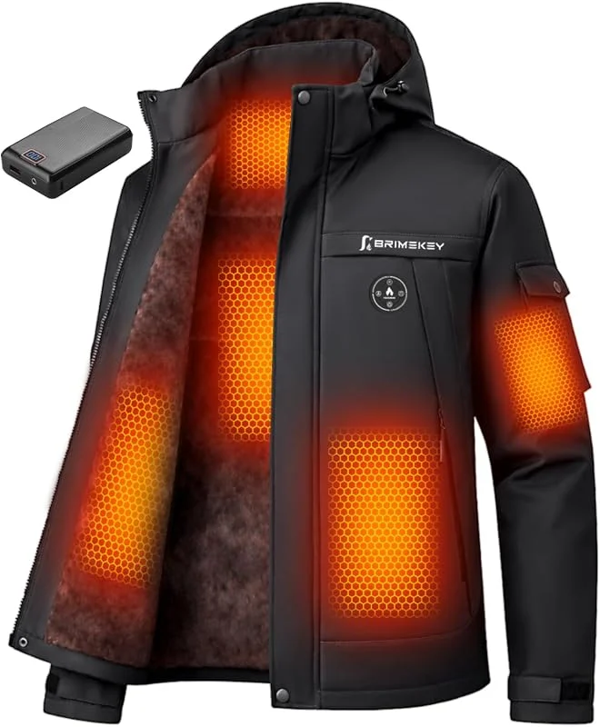 Graphen Beheizte Jacke Herren mit Fleecefutter, Heizjacke Herren mit 20000mAh 7, 4V Akku 6 Heizzonen & 3 Temperaturstufen, Wasserdichte Winddichte Winterjacke Beheizbare Jacke für Ski und Jagd — Heizkleidung