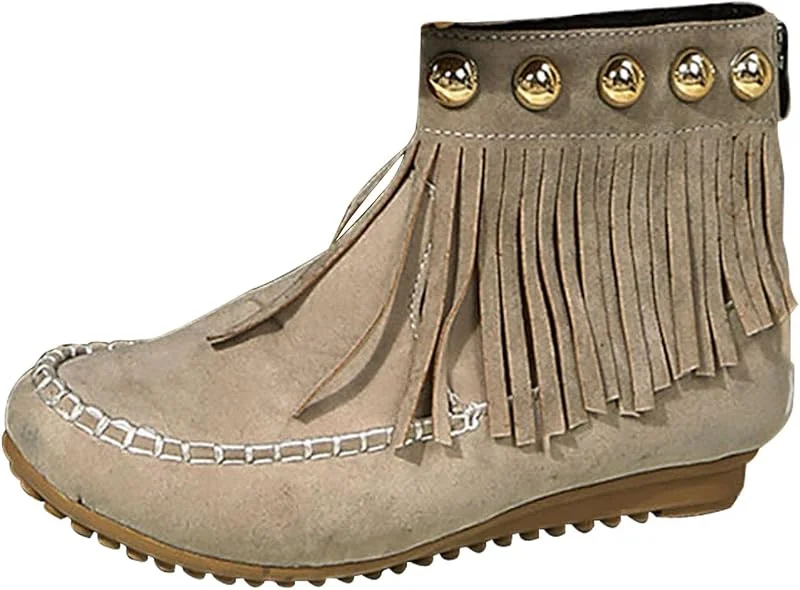 Damen-Stiefel, runde Spitze, flache Sohle, Mokassins, Retro, kurze Stiefel, Outdoor, rutschfest, leicht, Stiefel aus Kunstleder, bequem, Herbst und Winter — Heizkleidung