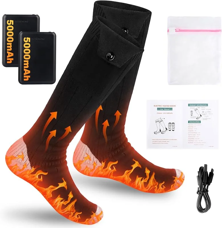 Beheizbare Socken, 5000mAh Akku Beheizte Socken für Herren Damen, Wiederaufladbare Heizsocken mit 4 Temperaturen, Waschbar, Winter Heizsocken für Winter Outdoor-Sport Skifahren, zu Fuß（38-46） — Heizkleidung