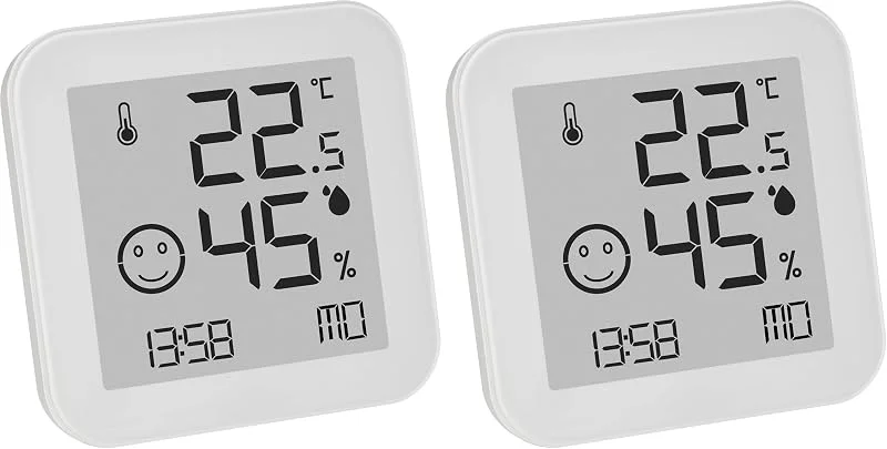 TFA Dostmann Hygrometer digital Black & White, 30.5054.02, Luftfeuchtemessgerät, E-Ink Display, gut ablesbar, Temperatur Luftfeuchtigkeit messen, Schimmel vermeiden, weiß (Packung mit 2) — Luftbefeuchter