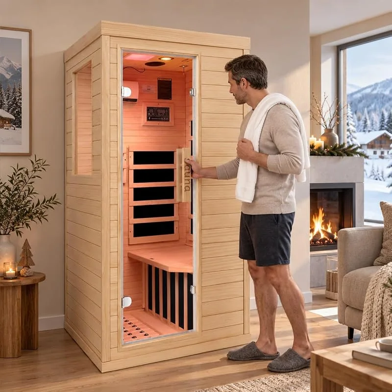 Infrarotkabine für 1 Person aus kanadischem Hemlockholz, Seitentür, 6 Infrarot-Heizpaneele, 230 V, 1350 W, Digitalsteuerung, Bluetooth, 7-Farben-Licht, 90 × 75 × 180 cm — Küche & Haushalt