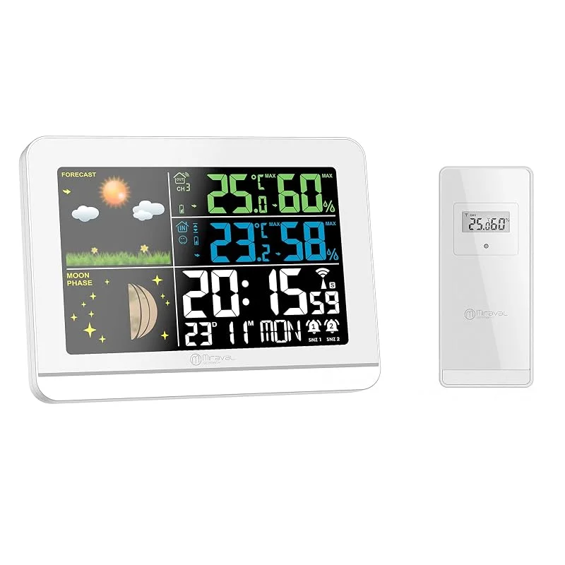 Miraval Funk-Wetterstation: Hygro- & Thermometer innen, außen, Farbdisplay, Uhrzeit- und Datumsanzeige, Wochentag, Mondphase, 2 Alarme, Außensensor, 8 Sprachen einstellbar — Luftbefeuchter