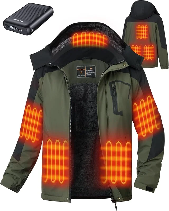 Beheizbare Jacke Herren mit Powerbank 12V 18400mAh, 8 Heizzonen, Beheizte Jacke mit 3 Temperaturstufen, Langer Winter-Daunenmantel für Radfahren, Camping & Outdoor-Arbeit, Grün, L — Heizkleidung