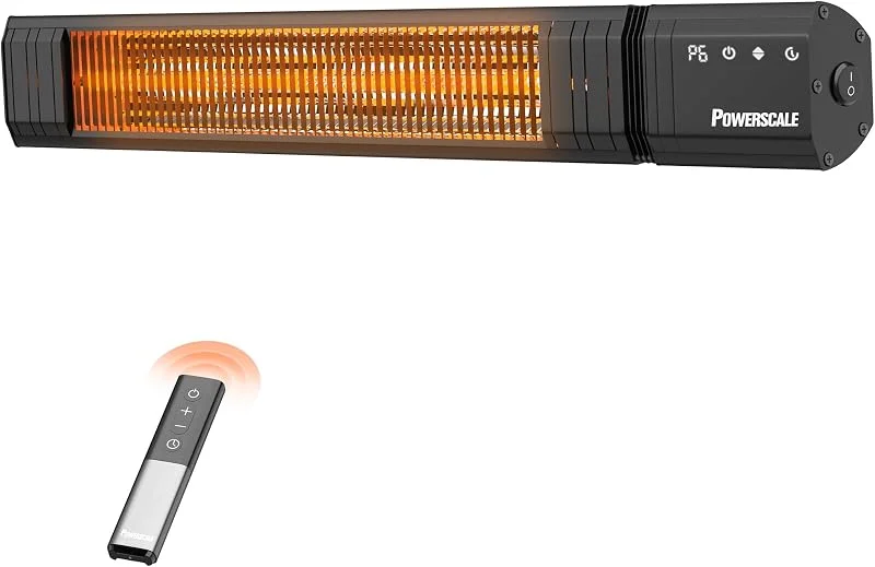 Powerscale Heizstrahler 1500W, 24 Stunden Timer Heizstrahler Terrasse IP65, Terassenheizstrahler Außen Touchscreen mit Fernbedienung 9 Heizstufen 24 Stunden Timer Infrarot Heizstrahler — Heizung Warmepumpe
