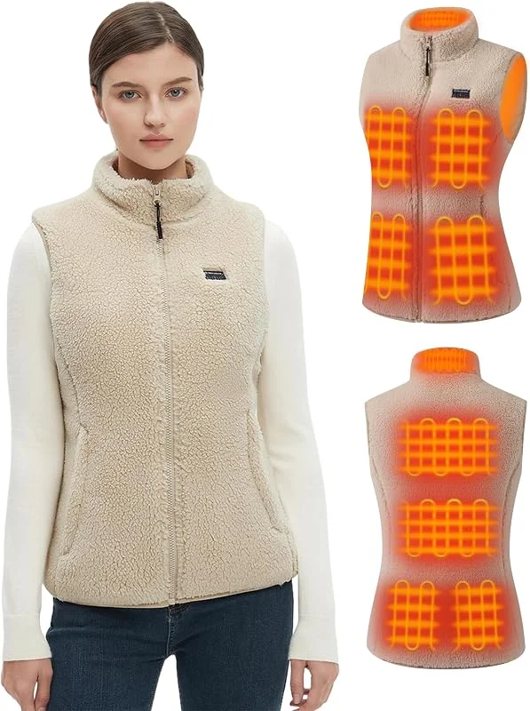Flauschige Heizweste Damen mit 16000mAh 7.4V Powerbank inklusive, Sherpa Beheizte Weste Damen, Elektrische Fleece Wärmeweste für Outdoor-Ski — Heizkleidung