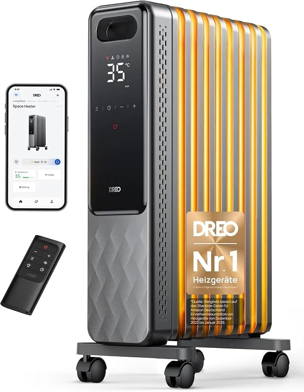 Dreo Ölradiator Energiesparend 2000W, Mobile Elektroheizung 9 Rippen mit Fernbedienung, 3 Heizstufen, 4 Modus, 24h Timer, Überhitzungs-Kippschutz, Radiatoren Elektrisch Heizung mit Thermostat, OH310 — Heizung Warmepumpe