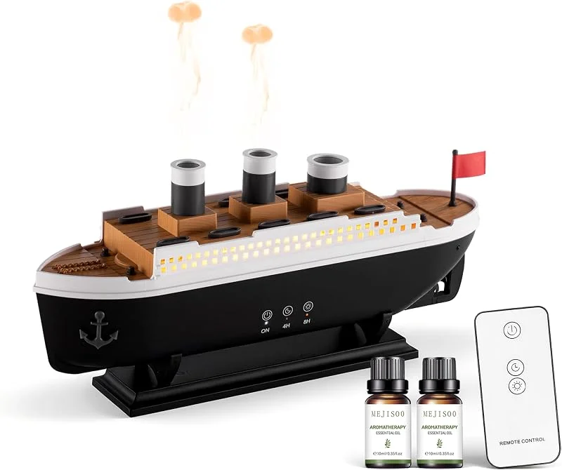 Dampfschiff-Diffusor für ätherische Öle, Aromatherapie-Luftbefeuchter mit Fernbedienung, 7-farbigen LED-Lichtern, 2 Nebelmodi, Timer und automatische Abschaltung