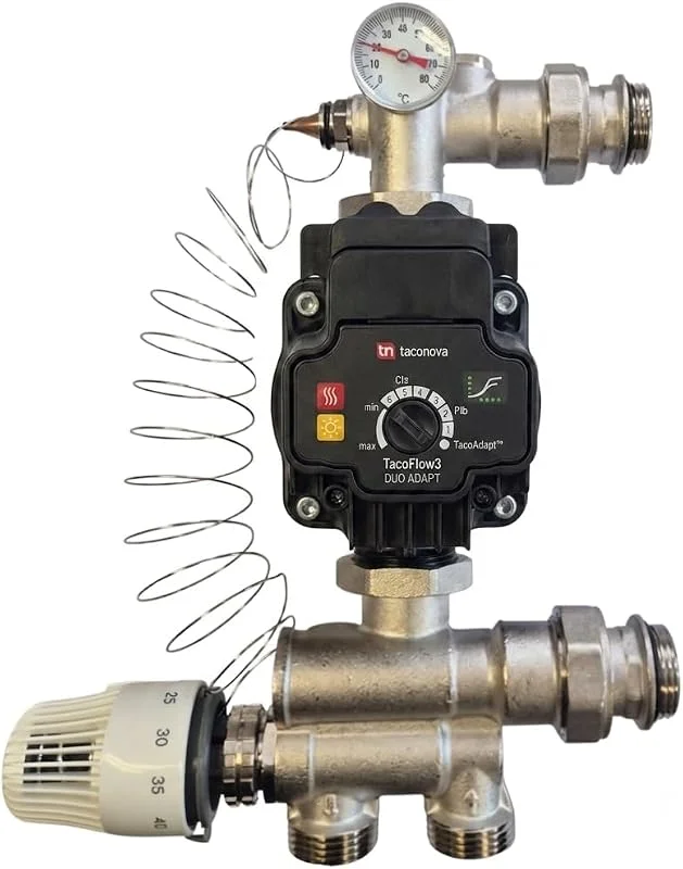 Festwertregelset einstellbar für Fußbodenheizung mit Taconova TacoFlow3 ADAPT Hocheffizienzpumpe – Regelstation mit Thermostatkopf & Kapillarfühler, Regelgruppe 1" für Heizkreisverteiler — Heizung Warmepumpe