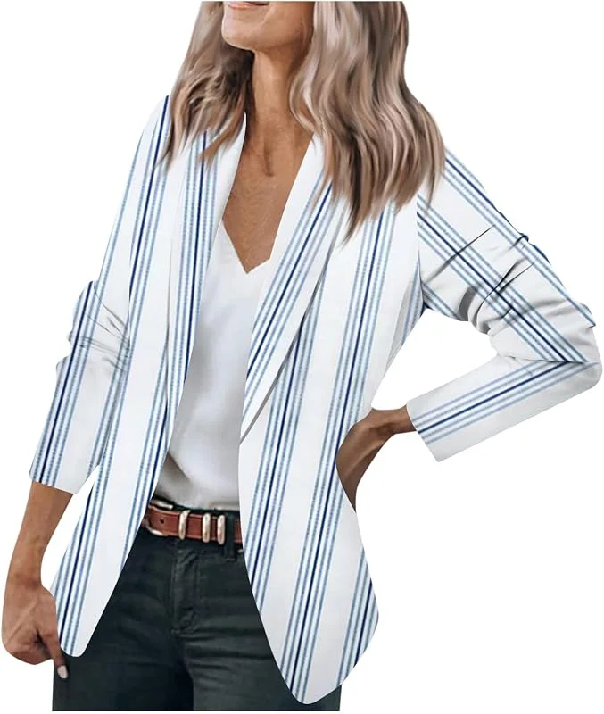 Gestreifter Blazer Damen Revers Druck Arbeits Büro Jacke Langarm Mantel Elegant Herbst Blazers Festlich Bolero Für Hochzeit Slim Fit Business Bläser Trachtenblazer Frauen — Heizkleidung