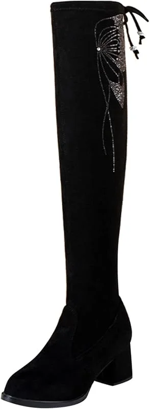 Damenstiefel, modisch, Schmetterling, Strass, Chunky, hohe Absätze, bequem, dehnbar, kniehoch — Heizkleidung