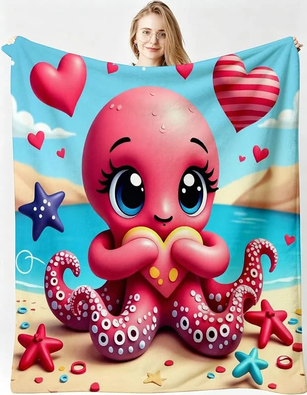 Kuscheldecke XXL 220x240 cm Animierter Oktopus für Doppelbett-B332 — Heizung Warmepumpe