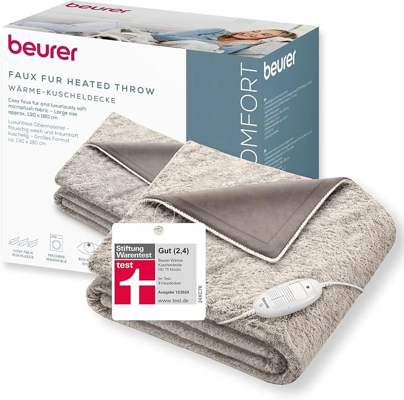 Beurer HD 75 Nordic Heizdecke, kuschelige Wärmedecke in Kunstfelloptik, mit 6 Temperaturstufen, maschinenwaschbar bei 30 °C, Heizdecke mit Abschaltautomatik, beige, braun, 180 x 130 cm — Heizung Warmepumpe