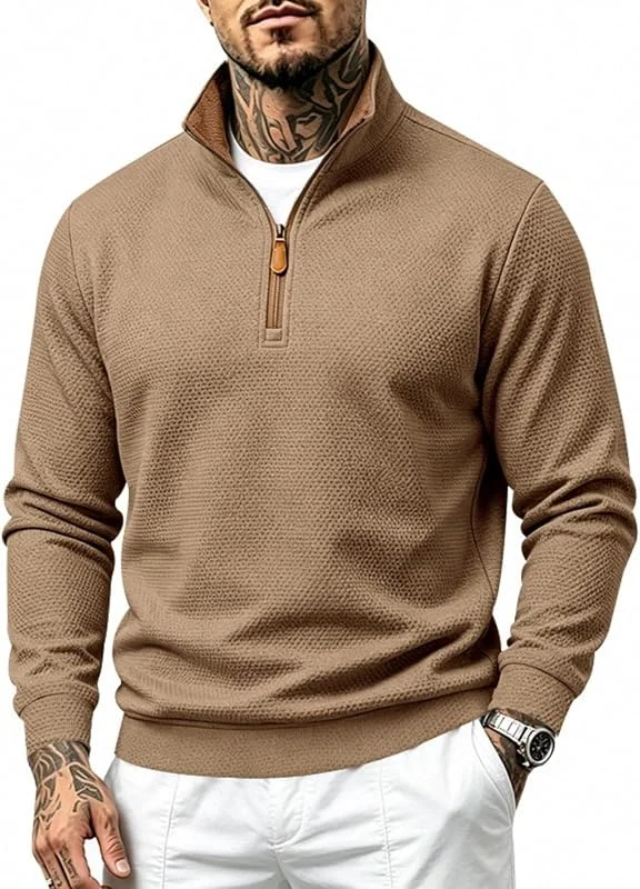 Generisch Herren Halfzip Pullover Stehkragen Waffelmuster Hoodie Halb Reißverschluss Langarm Sweatshirt Bequem Freizeit Sport Basic. — Heizkleidung