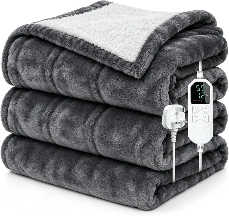 Elektrische Heizdecke 130x180cm Wärmedecke, Flanell & Sherpa, Grau — Heizung Warmepumpe