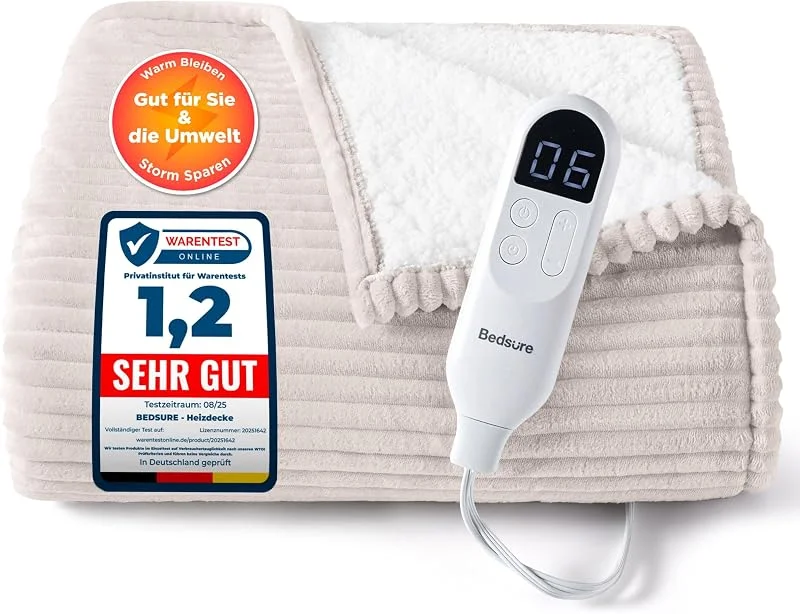 BEDSURE Heizdecke Elektrische Kuscheldecke - 200x180cm, Gestreift Natur — Heizung Warmepumpe