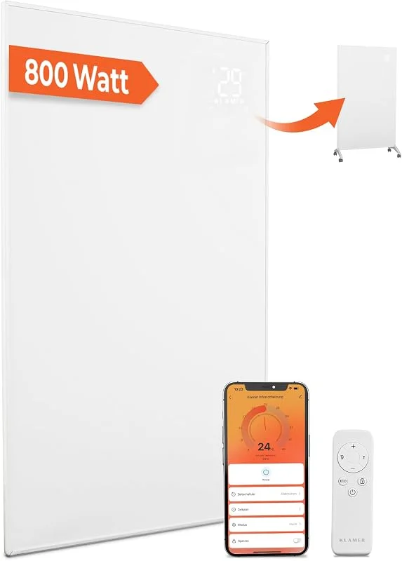 KLAMER Infrarotheizung 800W, Wand & Stand, WiFi, Timer, Carbon Crystal — Heizung Warmepumpe