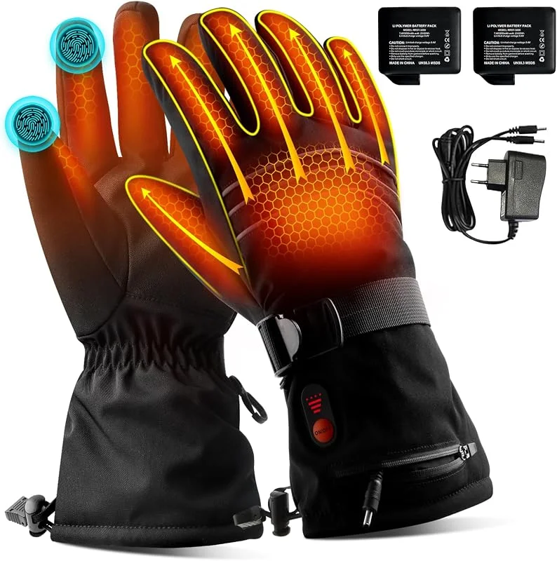 Beheizte Handschuhe für Männer oder Frauen, 7, 4V 3200mAh Elektrische Batterie, Selbstheizende Handschuhe für Wintersport (Mitternachtsschwarz, L) — Heizkleidung