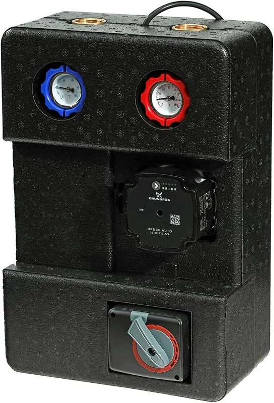 SUNEX® Pumpengruppe für Heizkreis GPO S DN25 mit GRUNDFOS UPM3S Auto 25-60 Umwälzpumpe & Dreiwege-Mischventil – Heizkreisstation mit Thermometern, AG 1½″, IG 1″, max. 90 °C, Wärmedämmung — Heizung Warmepumpe