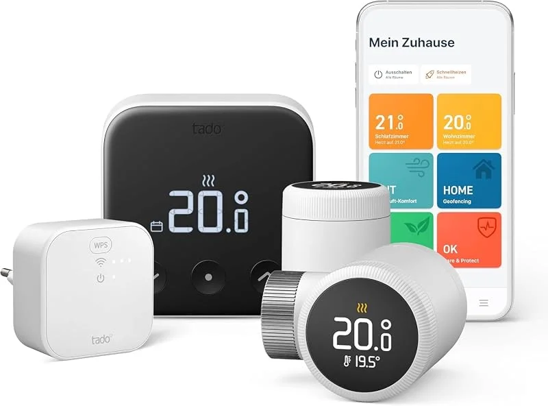 tado° Starter Kit X für mehrere Räume - mit 2 Heizkörperthermostaten und verkabelten Wandthermostat für die Boilersteuerung, Heizungssteuerung per App und Smart Speaker (Alexa, Siri), Matter & Thread — Heizung Warmepumpe