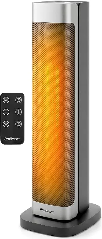 Pro Breeze ThermaCube Plus Heizlüfter 2200W, Keramik-Turmheizlüfter mit Thermostat & Eco-Modus, Heizlüfter Bad mit 65°-Oszillation, Fernbedienung, 2 Heizstufen, Touch-Bedienfeld & Kippschutz — Heizung Warmepumpe