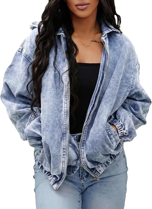 Jeansjacke Damen Oversize Mit Kapuze Übergangsjacke Damen Elegant Jeans — Heizkleidung