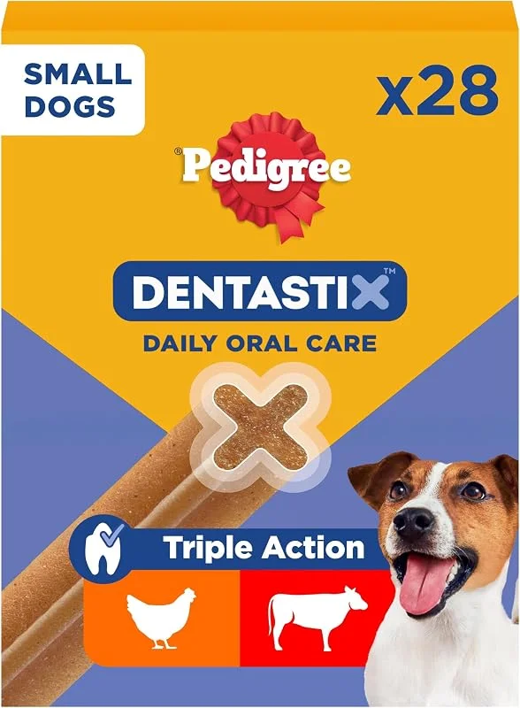 Pedigree DentaStix Hundesnack für kleine Hunde (5-10kg), Zahnpflege-Snack mit Huhn und Rind, 4 Packungen je 28 Stück (4 x 440 g) — Küche & Haushalt