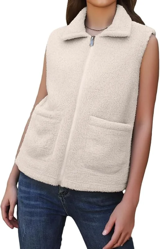 Generisch Teddywesten Damen Ärmellos Weste Damen Elegant Leichte Fleeceweste Mit Taschen Flauschig Übergangsjacke Outdoor Winterjacke Warm Gefüttert Damenweste mit Reissverschluss Plüschjacke — Heizkleidung