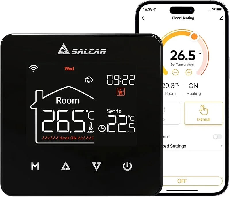 SALCAR WiFi Thermostat Heizung Smart Für Elektrische Fussbodenheizung Programmierbarer Tuya Raumthermostat Fußbodenheizung Temperaturregler 230v Mit Digital LCD V4W.716 16A — Heizung Warmepumpe
