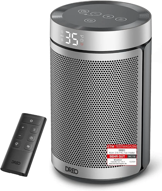Dreo Energiesparender Heizlüfter, 34 dB Leiser 1500W Elektrischer PTC Keramik, Thermostat, Überhitzungs- & Kippschutz, 12 Std. Timer, Elektroheizung für Räume Schlafzimmer, Atom 316, Silber — Heizung Warmepumpe