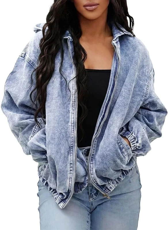 Jeansjacke Damen Retro Hoodie Denim Kapuzenjacke Lockere Übergangsjacke — Heizkleidung