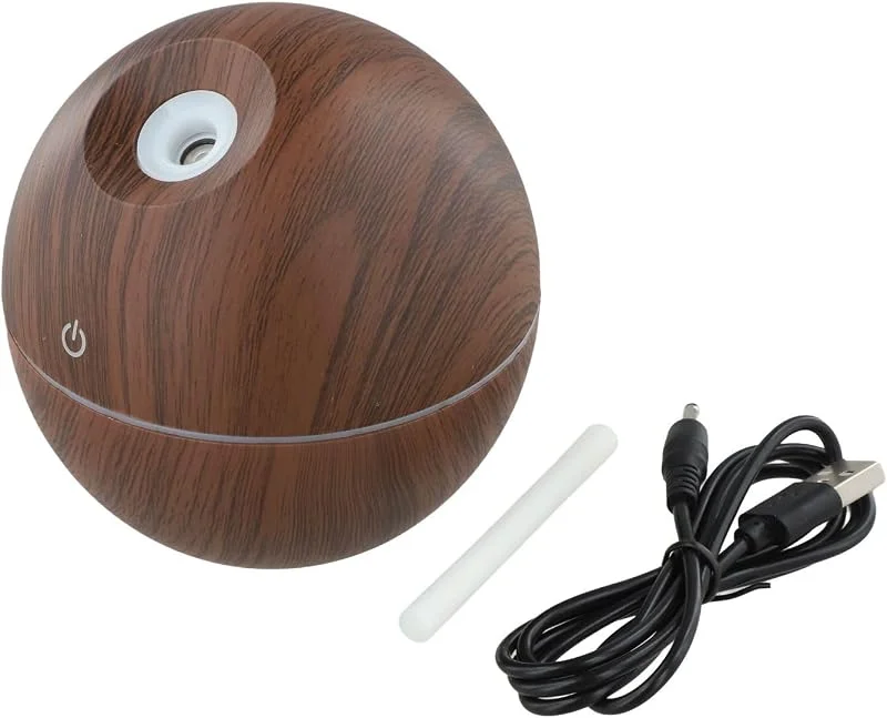 Tragbarer Mini-Luftbefeuchter, 130 ml, USB-Diffusor für ätherische Öle, mit farbigen Fahrradlichtern, leiser Lufterfrischer für Reisen, Zuhause, Schreibtisch, helles Holz (dunkle Holzmaserung)
