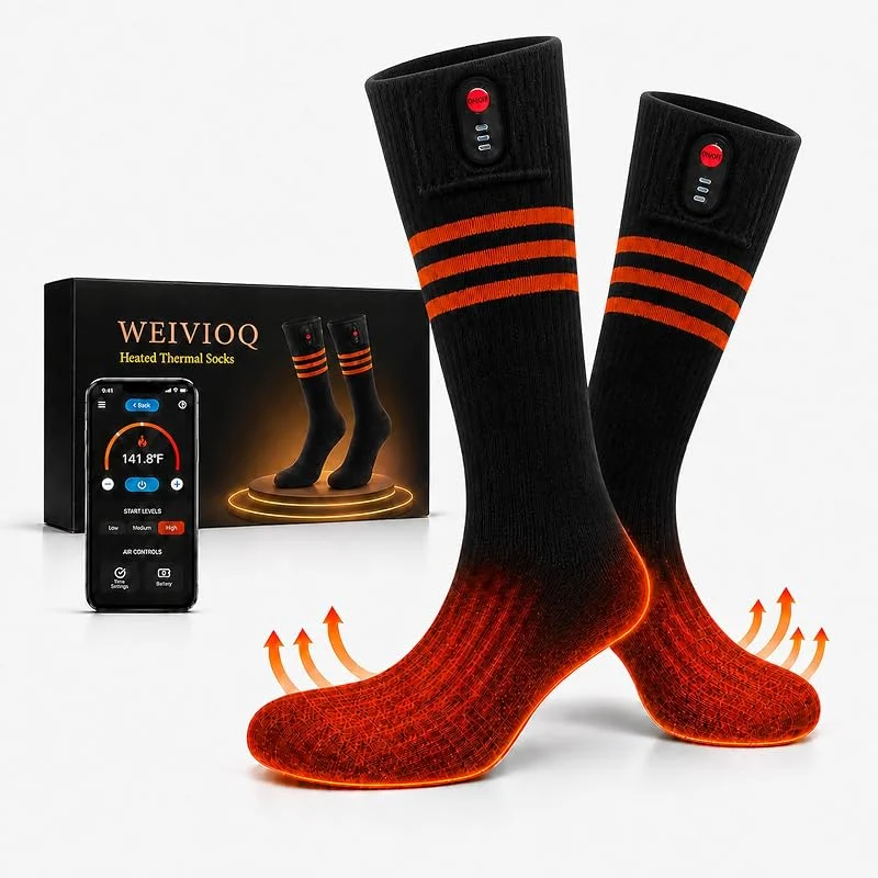 Beheizbare Socken für Damen und Herren, elektrische Heizsocken mit 7000-mAh-Akkus und App-Steuerung, 3 Heizstufen, Thermosocken für Skifahren, Jagd, Wandern und Camping — Heizkleidung