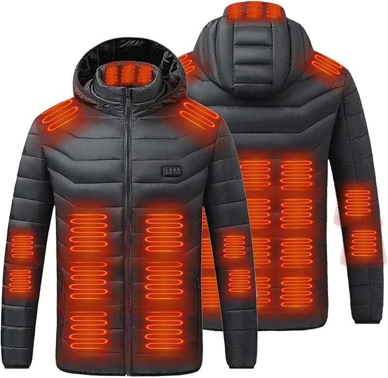 Heizjacke Herren Beheizbare Jacke mit Kapuze USB Elektrische Beheizte Jacken mit 24 Heizzonen Beheizbar Steppjacke Outdoor Winterjacke mit Heizung Winter Funktionsjacke Männer Daunenjacke Skijacke — Heizkleidung