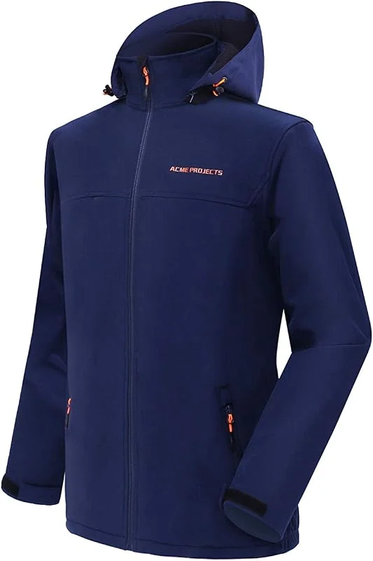 Acme Projects Fleece-Gefütterte Softshell-Jacke Herren Abnehmbare Kapuze Wasserdicht Winddicht Atmungsaktiv 8000mm, 5000g YKK-Reißverschluss Wandern Radfahren Camping — Heizkleidung